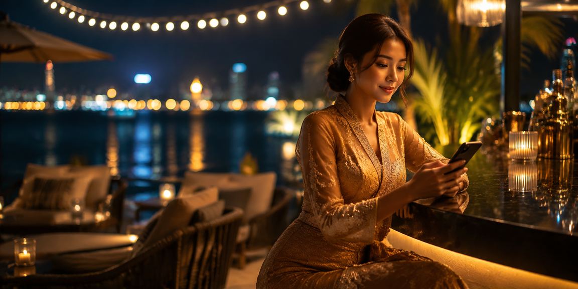 Wanita berbaju kebaya Malaysia bermain Baccarat melalui telefon pintar dengan antara muka 5700